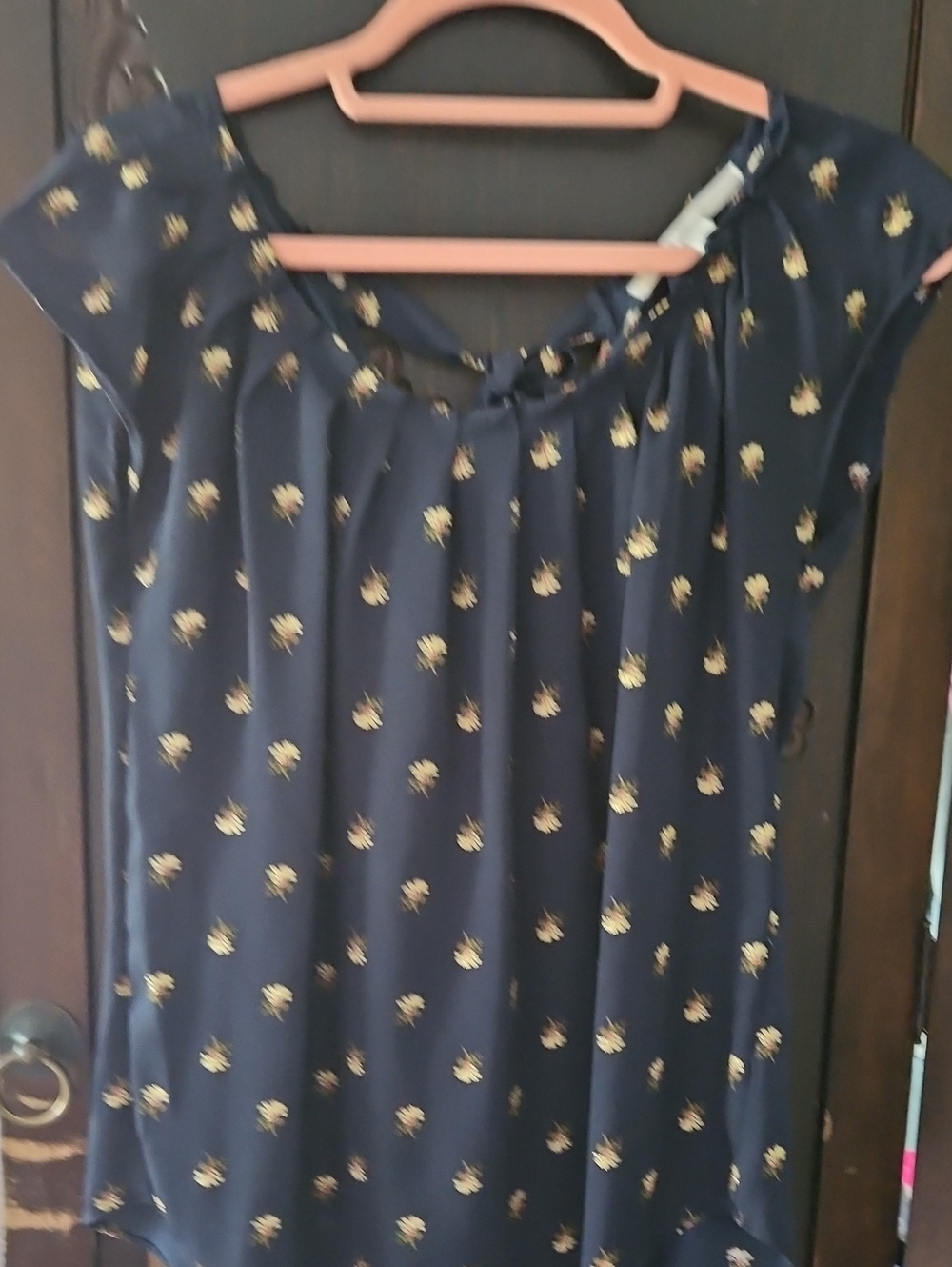 LC Lauren Conrad Navy Blue Blouse with Gold Dot Print